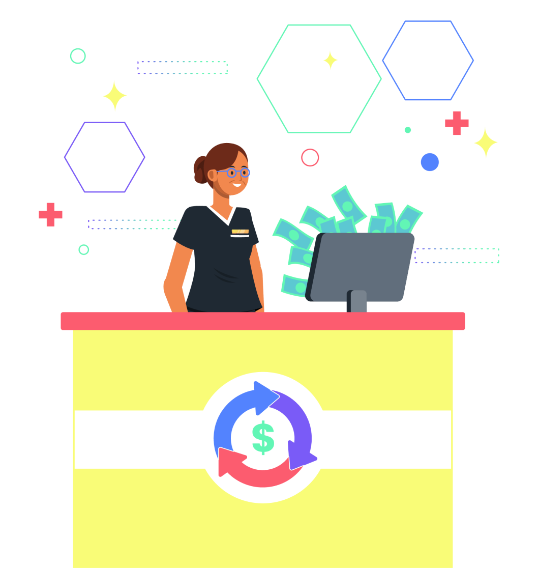 A physical therapist is standing behind the front desk of an office while looking at a monitor with cash bills flowing out of it.
